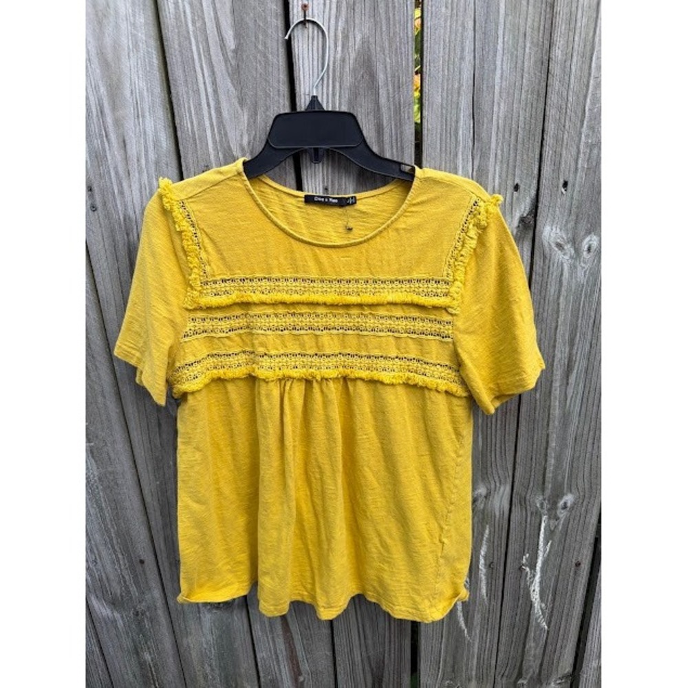 Boho Festival Doe & Rae Babydoll Top Medium Yellow Crochet Lace Fringe 9870T